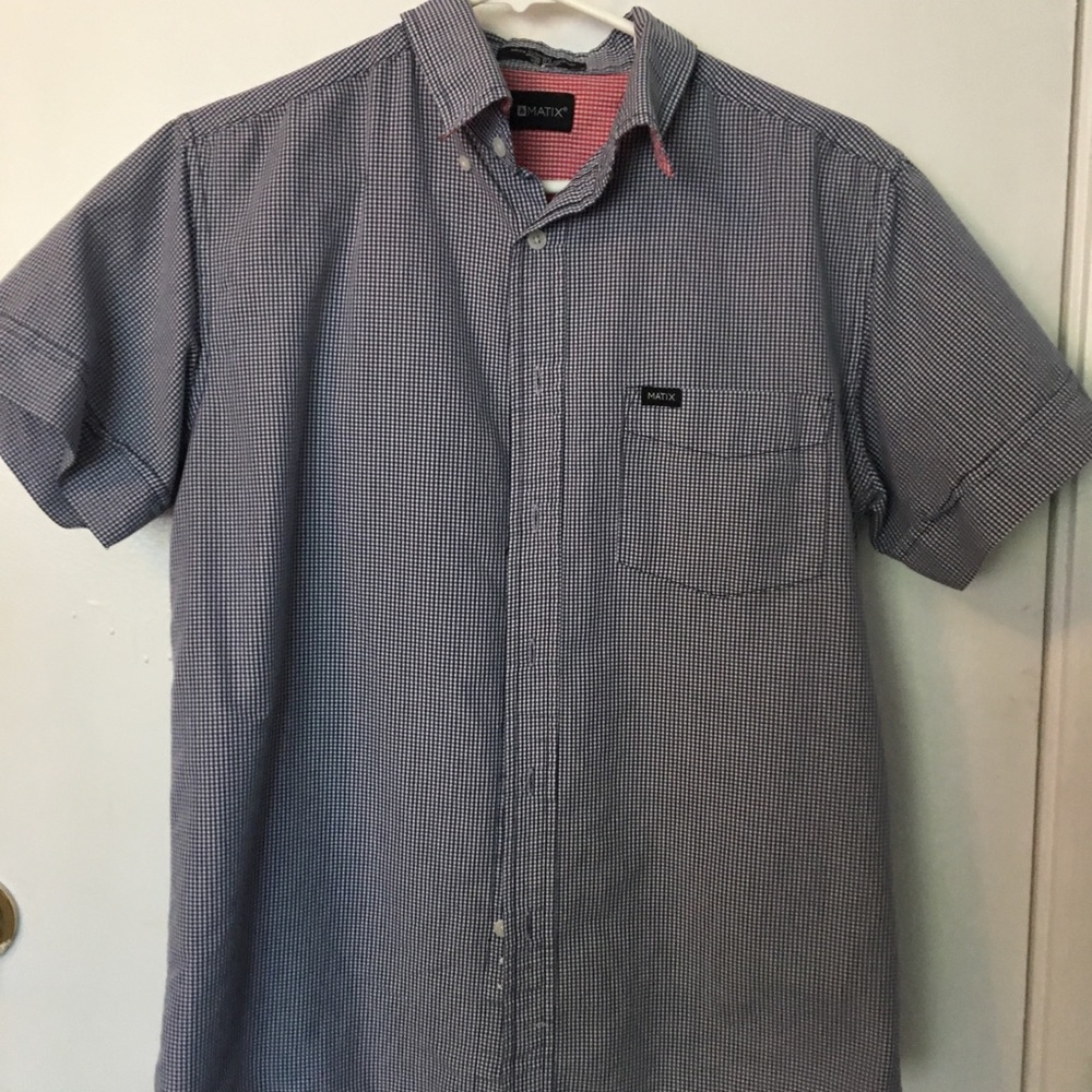 Blue and white plaid button down shirt